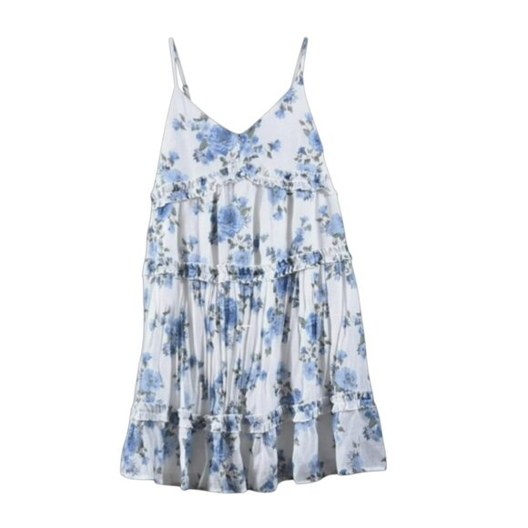 Mi Ami Dresses & Skirts - Mi Ami Large Dress Mini Spaghetti Strap Tiered Blue White Floral